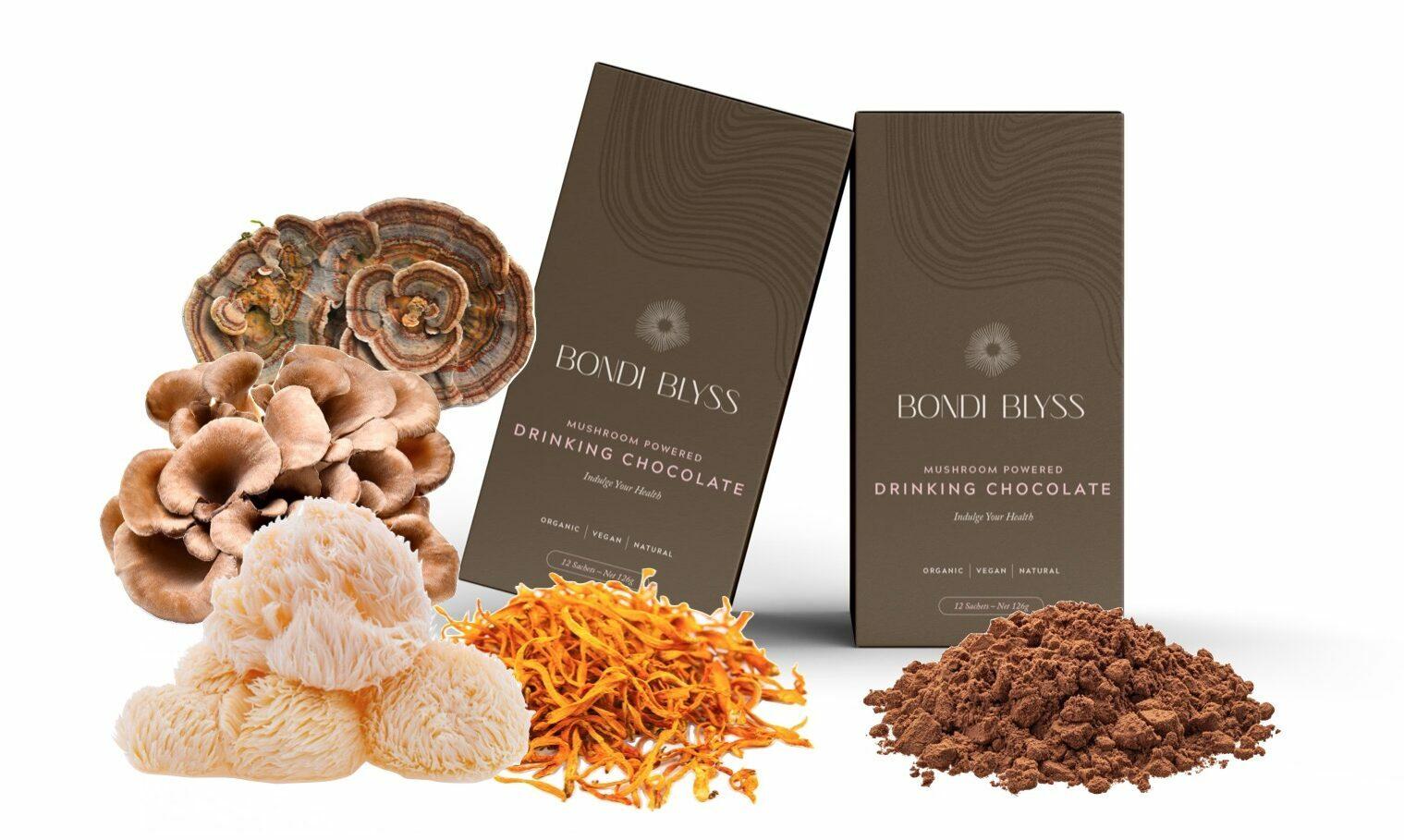 Bondi Blyss Drinking Chocolate - Mushroom Infused (Cordyceps, Lions Mane, Maitaki, Turkey Tail) - 12 Instant Sachets