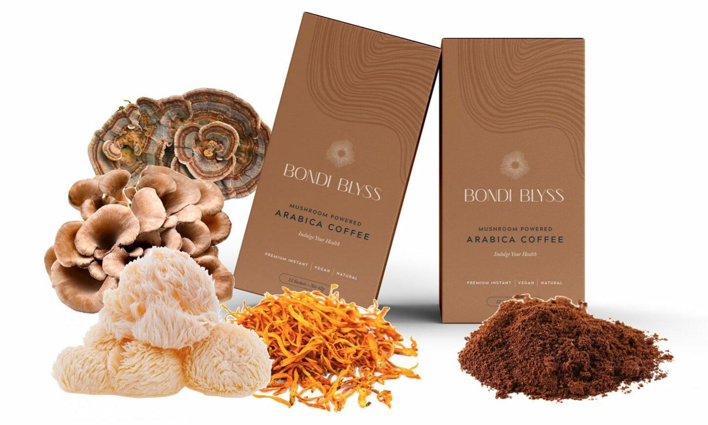 Bondi Blyss Arabica Coffee - Mushroom Infused (Cordyceps, Lions Mane, Maitaki, Turkey Tail) - 12 Instant Sachets